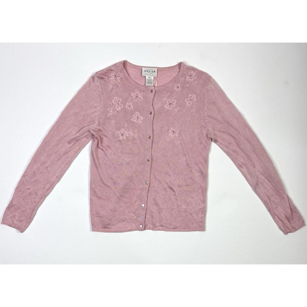 Oscar de la Renta Pink Cardigan Sweater Womens Small Floral Embroidered Button